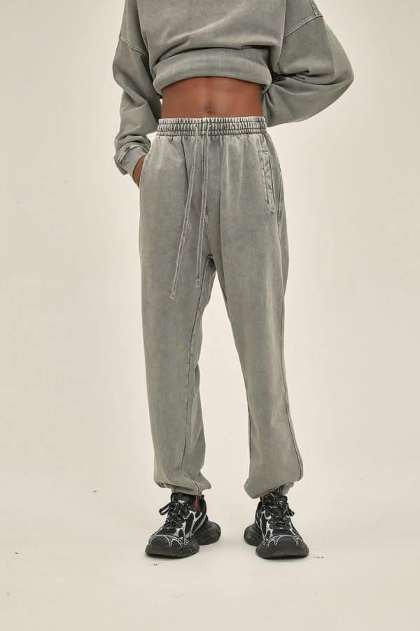 customized washed pants model front in grey